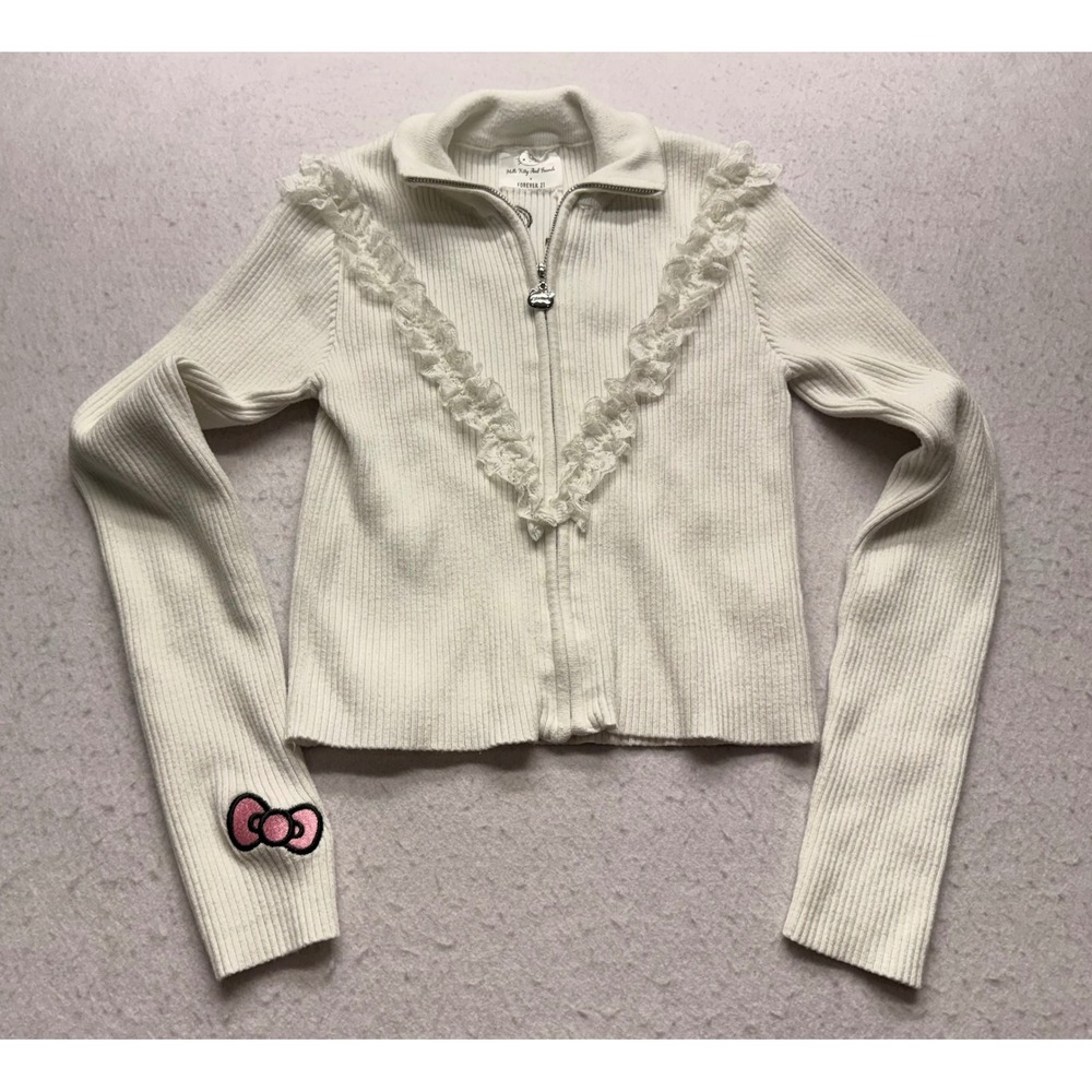 Hello Kitty x Forever 21 White Ribbed Lace Ruffle Zip Up Cardigan Sweater-No Tag